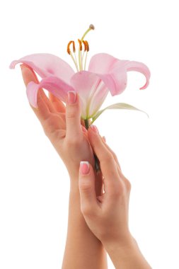 Genç, bakımlı kadın elleri beyaz arka planda izole edilmiş çiçekleri tutuyor..