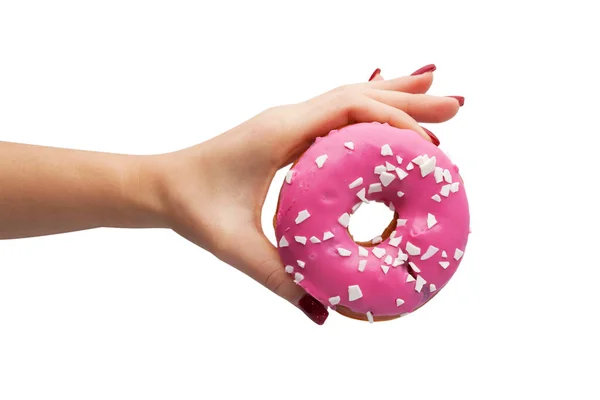 Mão Feminina Segura Com Dedos Donut Esmalte Rosa Isolado Fundo — Fotografia de Stock