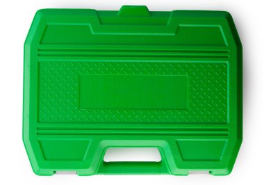 Kapalı yeşil çanta, araba tamiri için gerekli aletler, üst manzara. Beyaz arkaplanda izole.