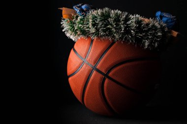 Pankart ya da kartvizit için şenlikli basketbol topu. Yarışma konsepti, kupa, şampiyonluk.