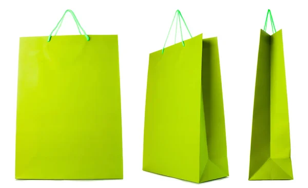 Green Paper Bag Isolated White Background Side Front Three Quarter — Stock Photo, Image