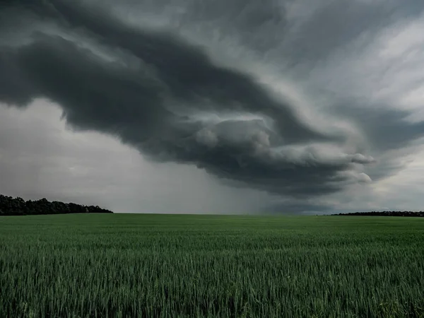 Bewölkte Landschaft Eines Feldes Mit Grünem Gras Dramatisch Bedrohliches Wetter lizenzfreie Stockbilder