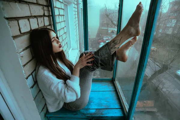 Beautiful Young Sexy Girl Posing Balcony Art Photo Portrait Girl — Stock Photo, Image