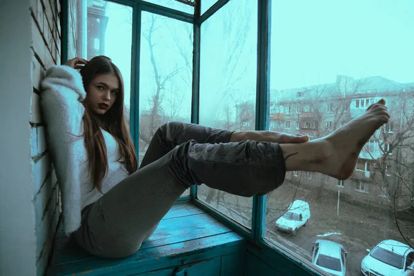 Beautiful Young Sexy Girl Posing Balcony Art Photo Portrait Girl — Stock Photo, Image