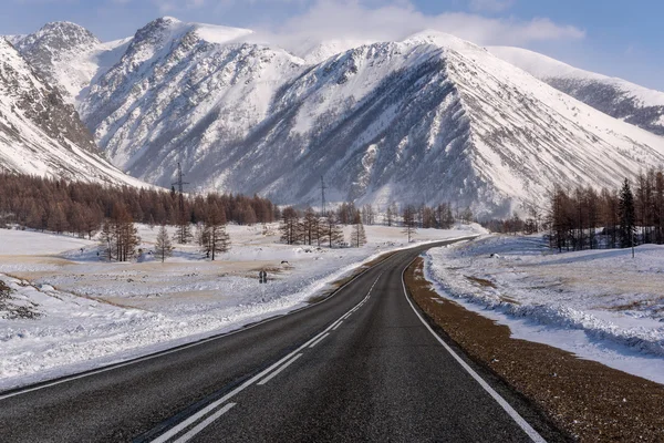 Dağ yolu kar kış ağaçlar — Stok fotoğraf