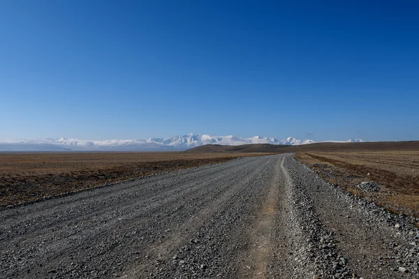 road steppe mountain snow sky