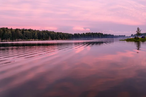 Scenico Delicato Tramonto Rosa Sul Lago Con Bellissime Nuvole Alberi — Foto Stock