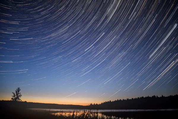 Estrellas lago cielo bosque pistas — Foto de Stock