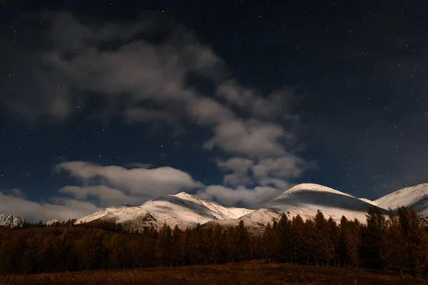 Sonbaharda Işığında Karlı Dağların Ormanın Üzerinde Bulutların Yıldızların Olduğu Manzaralı Telifsiz Stok Imajlar