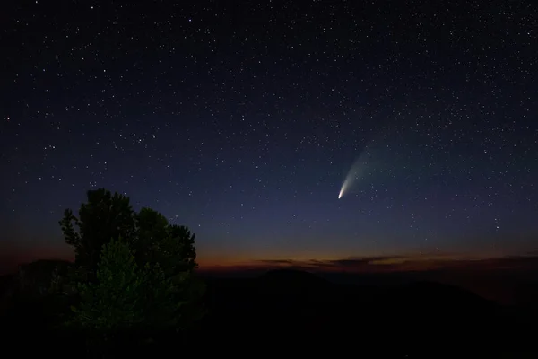 Amazing Night Landscape Stars Comet Neowise Starry Sky Mountains Stock Picture