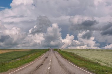 Karabuğday tarlaları ve bulutlu gökyüzünde güzel bulutlar arasında asfalt yolu olan renkli kırsal yaz manzarası