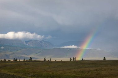 Dağlardaki bozkırların üzerinde inanılmaz renkli gökkuşağı, yağmur, sis ve güneş ışığı, fırtınalı bir gökyüzü ve yazın bulutlara karşı. Altai, Rusya