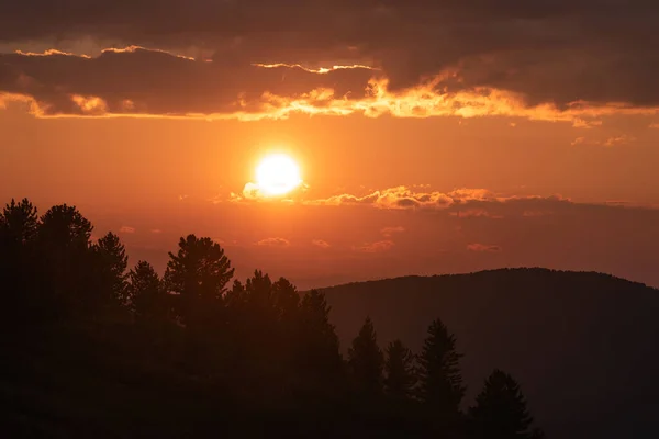 山の上の丸い太陽の円盤 山の斜面の杉の森 太陽の光の下で空の雲と素晴らしいオレンジ色の夕日 — ストック写真