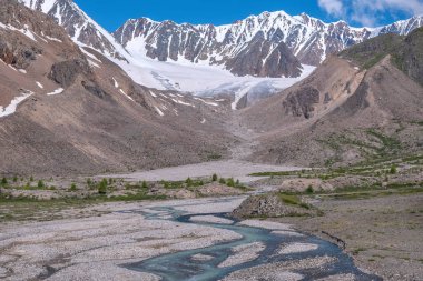 Kayaların, dağların, buzulların, ağaçların ve yeşil yamaçların arasında dolambaçlı bir nehirle muhteşem bir yaz manzarası var.