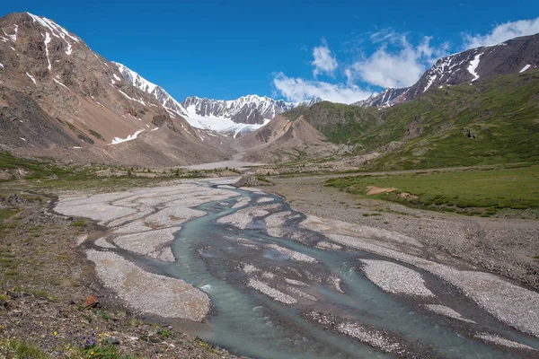 Erstaunlicher Sommerblick Mit Einem Gewundenen Fluss Zwischen Steinen Bergen Gletschern — Stockfoto