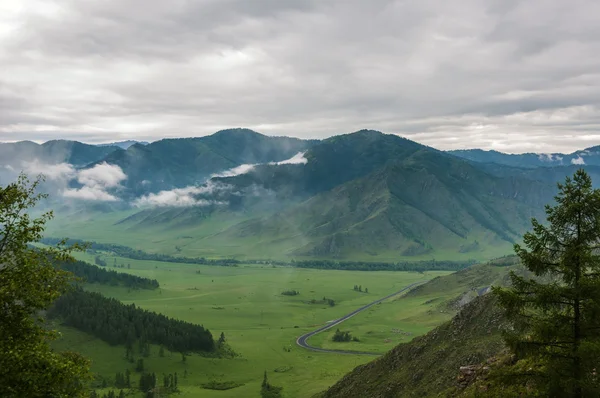 Bergtal Wald Wiesen Straße Nebel von oben — Stockfoto