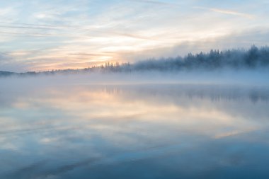 Güzel beyaz narin pembe bulutlar, güneş ve su ağaçlarda güzel yansımaları ile gölde sis ile gündoğumu