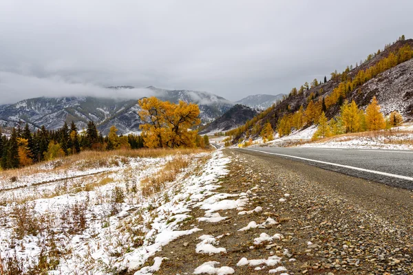 Weg bergen asfalt herfst sneeuw — Stockfoto