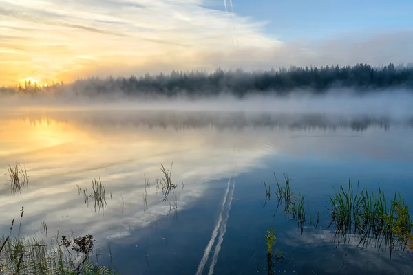 湖日の出霧太陽霧 — ストック写真