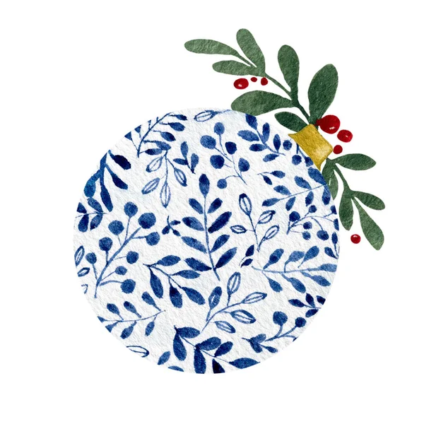 Beyaz, şenlikli Noel tatili unsuruna izole edilmiş böğürtlen ve dallarla suluboya Noel süsü, elle boyanmış şirin mavi Noel çiçekleri.