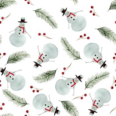 Suluboya kardan adam pürüzsüz desen, çizgi film el çizimi Noel çizimi köknar ağacı, böğürtlen ve kardan adam baskısı, kumaş veya ambalaj, kış tatili dekorasyonu