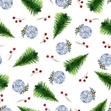 Noel arkaplanı suluboya Noel ağacı ve süslemeleri, basım, kumaş veya ambalaj için Noel dekoratifi