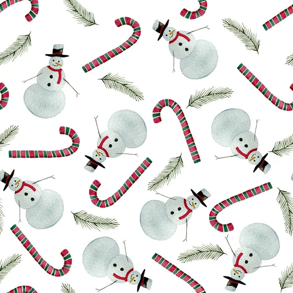 Patrón Sin Costura Muñeco Nieve Acuarela Ilustración Navidad Pintada Mano — Foto de Stock