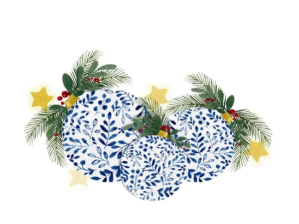 Elle boyanmış Noel ağacı süslemeleri beyaz, suluboya Noel ve kış tatili süslemeleri kart ve tasarım için