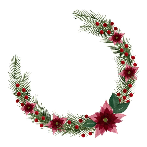 圣诞花环 有一品红花 枞树和浆果 水彩画 传统圣诞装饰卡片 问候或图案 — 图库照片