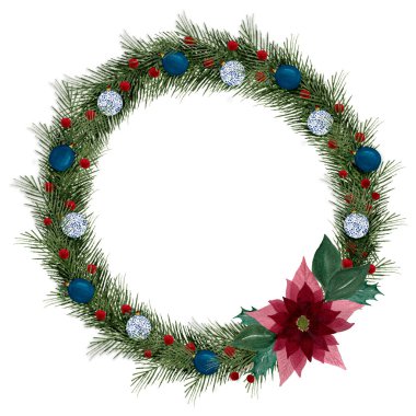 Noel çelengi, köknar ağacı dalları, takılar, noktalar ve böğürtlenler, suluboya kış çizimleri Noel için hoş bir çelenk süslemesi ve tasarımlar.