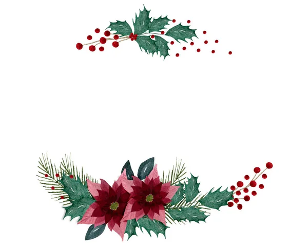 圣诞和冬季问候设计 典雅的圣诞框架与冬青 一品红和冷杉树 水彩画圣诞贺卡 — 图库照片