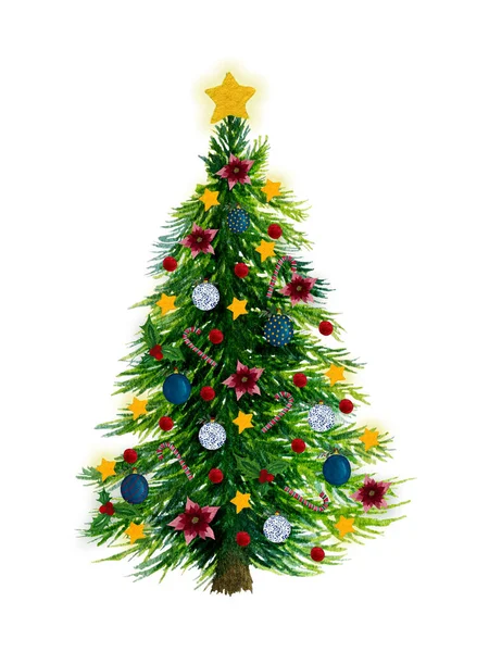 Árvore Natal Com Decorações Ornamentos Isolados Branco Aquarela Ilustração Árvore — Fotografia de Stock