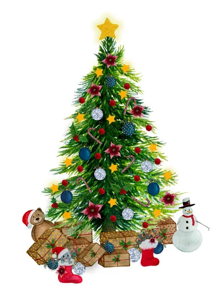 Árvore Natal Com Decorações Presentes Isolados Branco Aquarela Ilustração Cena — Fotografia de Stock