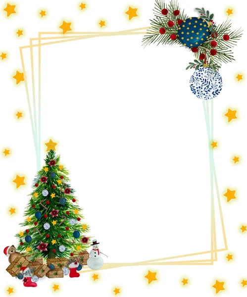 Marco Navidad Con Árbol Navidad Decoraciones Estrellas Doradas Navidad Festiva —  Fotos de Stock