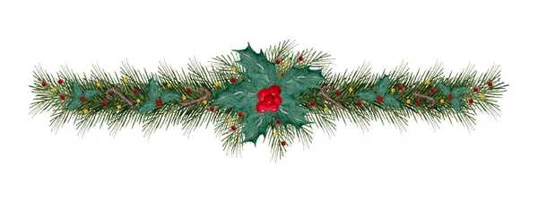 简单的圣诞横幅设计 有冷杉树枝 冬青和浆果 水彩缤纷的圣诞花环 问候或图案 — 图库照片