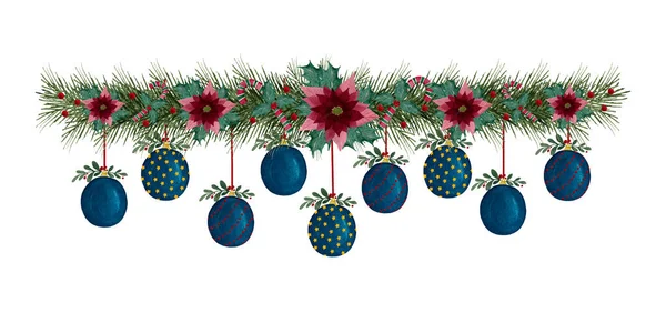 Banner Natal Com Ornamentos Poinsettias Ramos Abeto Azevinho Bagas Ilustração — Fotografia de Stock