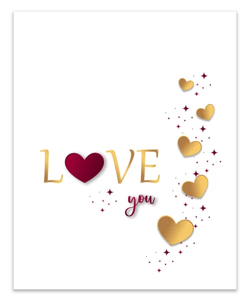 浪漫的情人节卡片 上面有金色的心 爱你的文字 爱你的心 为情人节 母亲节或婚庆设计 — 图库照片