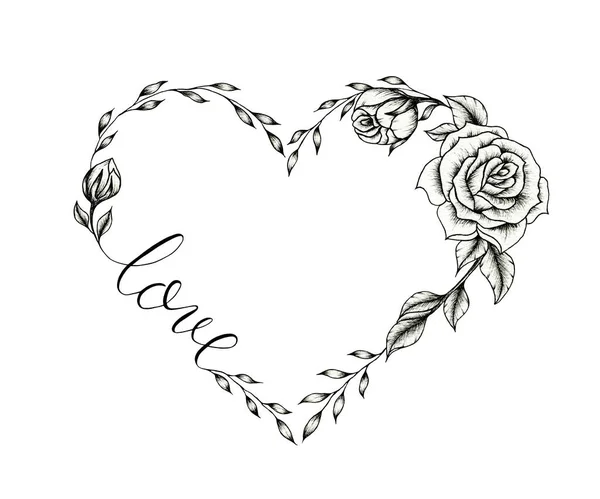 Vintage floral heart frame, hand drawn black heart design with roses isolated on white, black floral heart sketch for Valentine\'s day, mother\'s day or weddings, romantic heart decoration