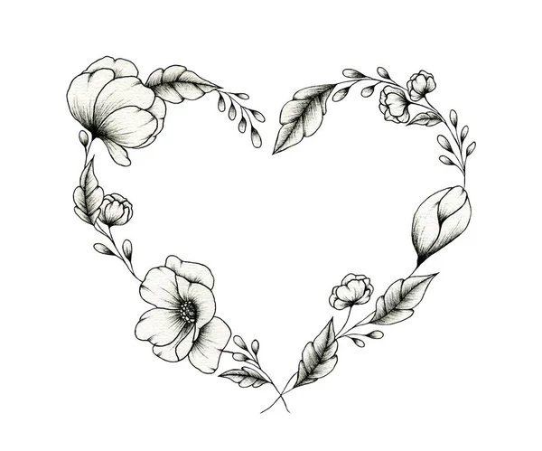 Black and white floral heart wreath, vintage hand drawn heart illustration with botanic elements, fine line heart art for mother\'s day, Valentines day or weddings