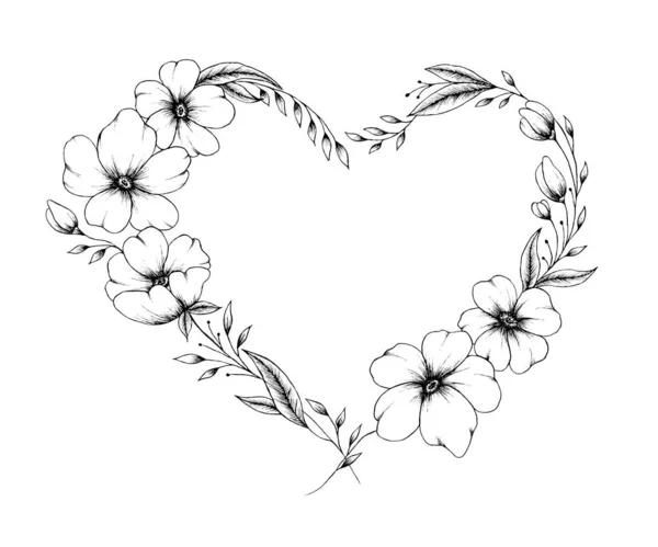 Hand drawn outline blooming heart illustration with floral elements, fine line heart art for mother\'s day, Valentine\'s day or weddings, black floral heart wreath