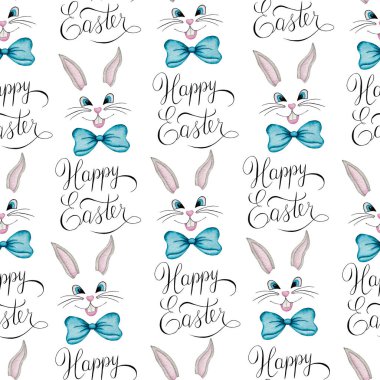 Paskalya tekrarı şirin çizgi film tavşan suratlı ve el yazısı mutlu paskalya metinleri, kumaş, ambalaj ya da arka plan için suluboya Paskalya çizimleri