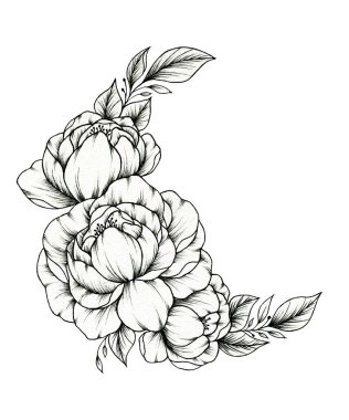 Klasik bahar çiçekli kompozisyon, şakayık desenli siyah mürekkep çizimi çiçek aranjmanı beyaz, zarif botanik resimli şakayık ve yapraklı. 