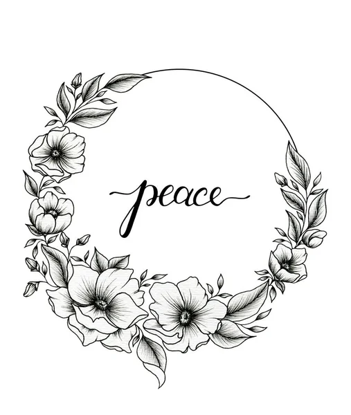 Beautiful black and white floral wreath and peace word handwritten modern calligraphy, hand drawn black floral sketch for t-shirt, card, textiles and posters