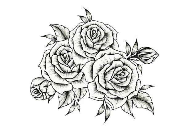 Beautiful black and white rose bouquet, rose floral arrangement isolated on white for weddings, greetings, Valentines or mother\'s day, vintage black rose sketch