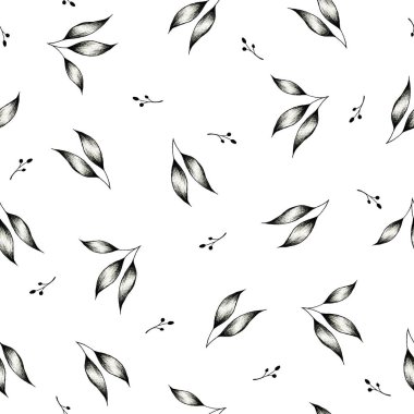Beyaz, botanik desenli, el yapımı yapraklar ve dallarla siyah ve beyaz yapraksız desen, çiçek deseni çizimi