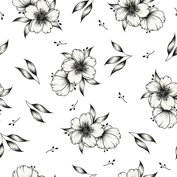 Black White Graphic Floral Seamless Pattern White Botanical Background Hand — Stock Photo, Image