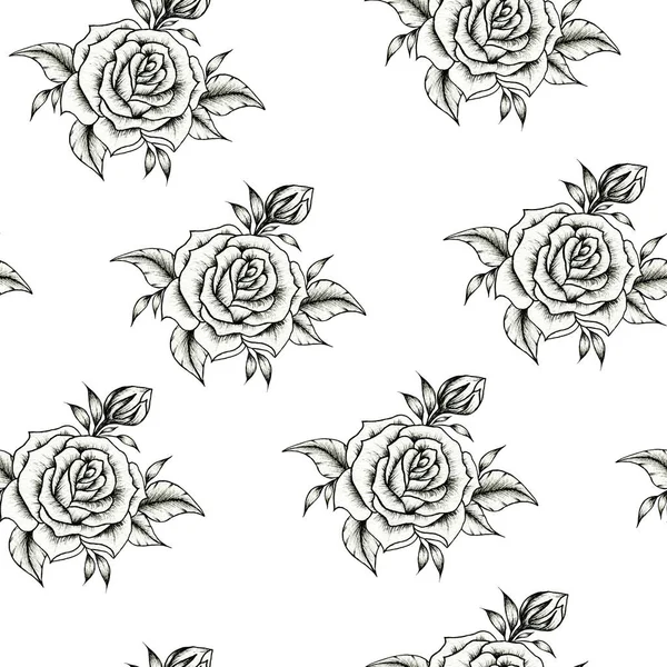 Black White Rose Flower Seamless Pattern White Botanical Background Hand — Stock Photo, Image