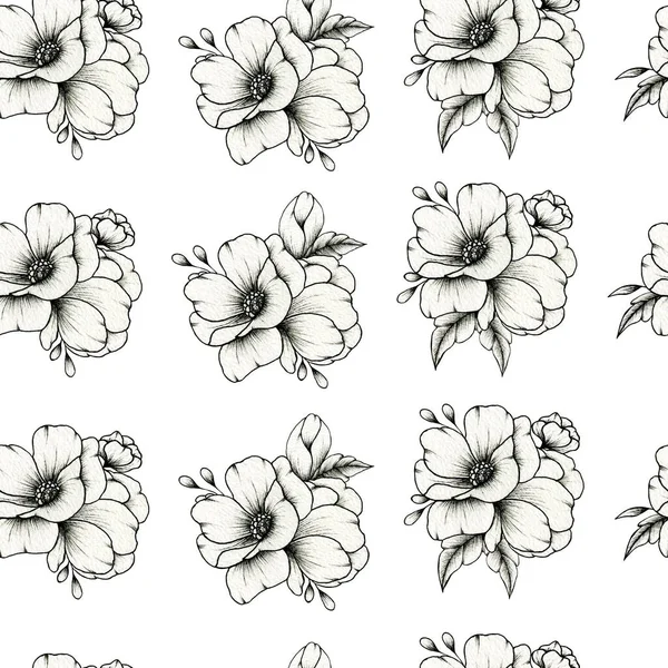 Hand Drawn Elegant Floral Bouquet Seamless Background White Botanic Illustration — Stock Photo, Image