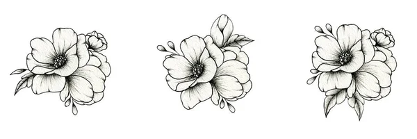 手描きの美しい花の組成物は 黒と白の花の花束セット 黒の花のスケッチと植物画に隔離 — ストック写真