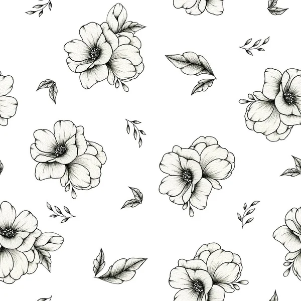 Beautiful Seamless Pattern Black White Flowers Botanic Graphic Sketch Illustration — Stock Photo, Image